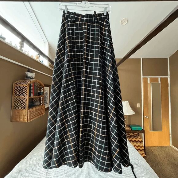 VTG 50s Full Circle Maxi Skirt w/ Pastel Plaid Lines on Black Wool Blend - Picture 2 of 14